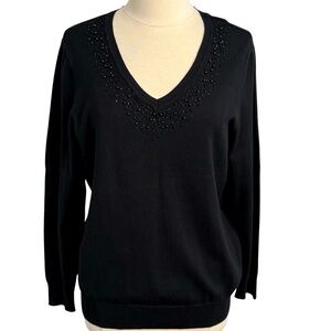 Jaclyn Smith Women's Long Sleeve V-Neck Beaded Embellished Sweater Black Size L